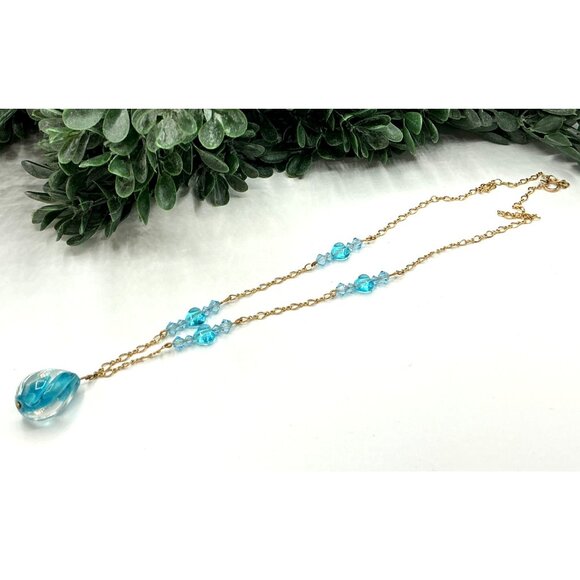 Gold Tone Chain Necklace With Aqua Glass Beads and Teardrop Pendant - Picture 3 of 5